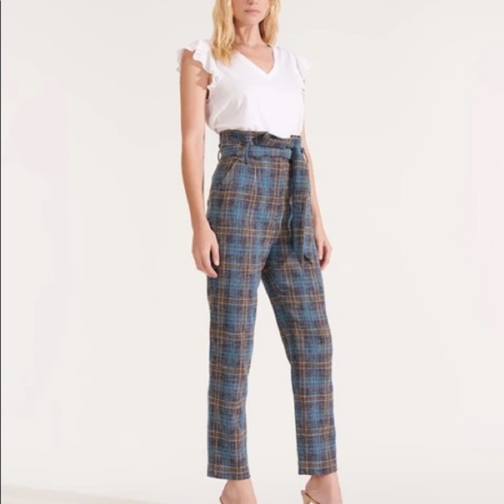 Veronica Beard Blue and Brown Plaid High-Waist Trousers